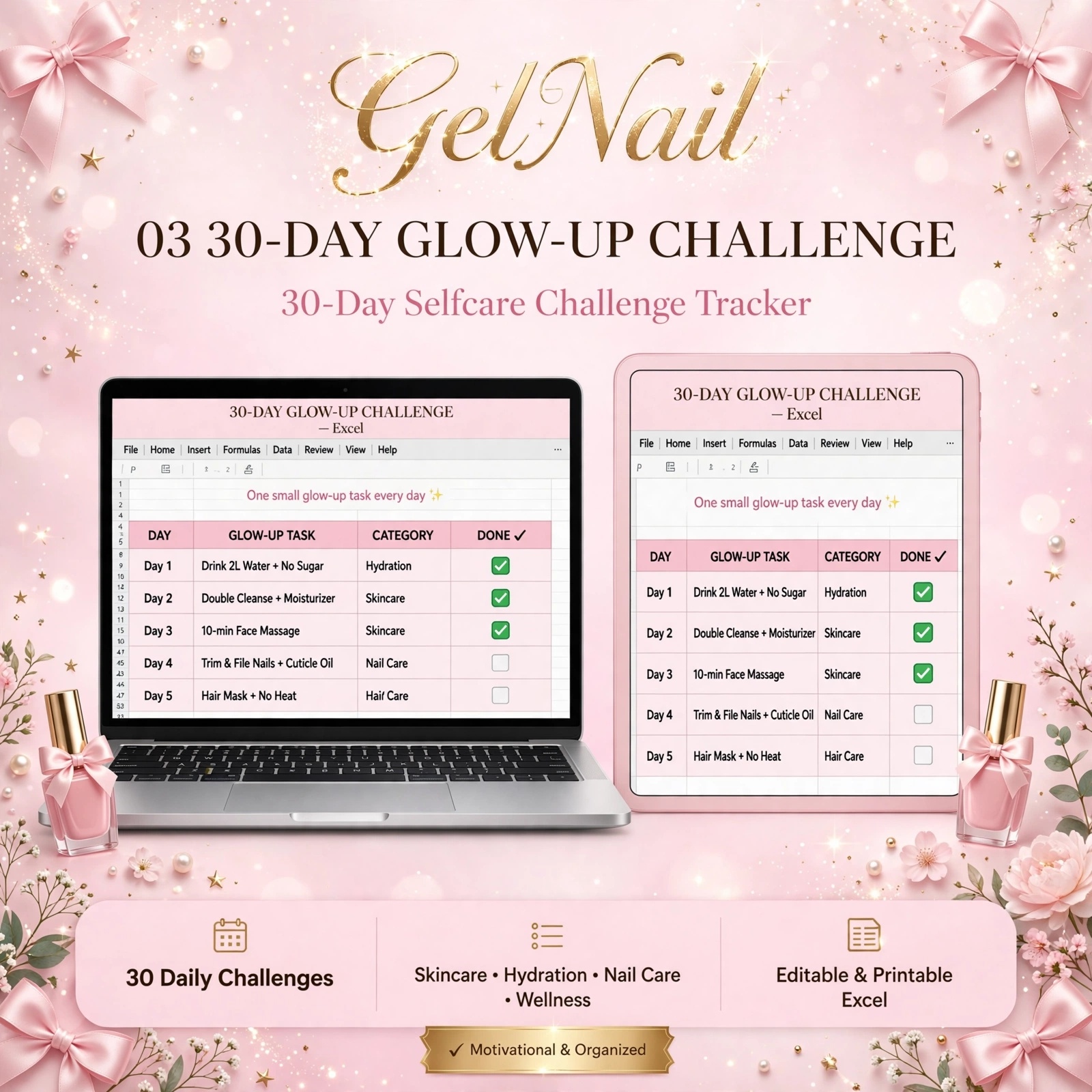 30-Day Glow-Up Challenge tracker in Excel