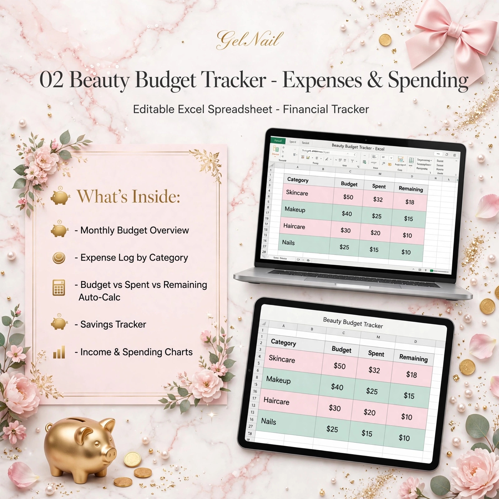 Beauty Budget Tracker Excel spreadsheet on laptop and tablet