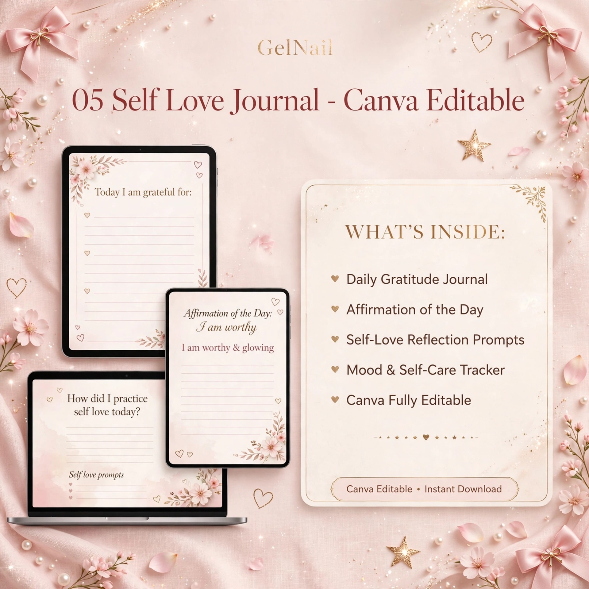 Self Love Journal Canva editable pages on tablets