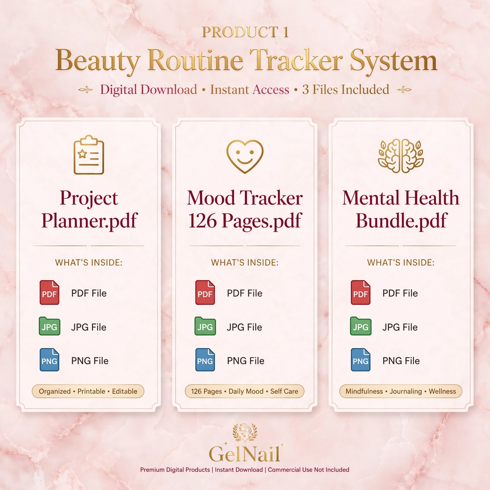 Beauty Routine Tracker System preview with three included PDF files