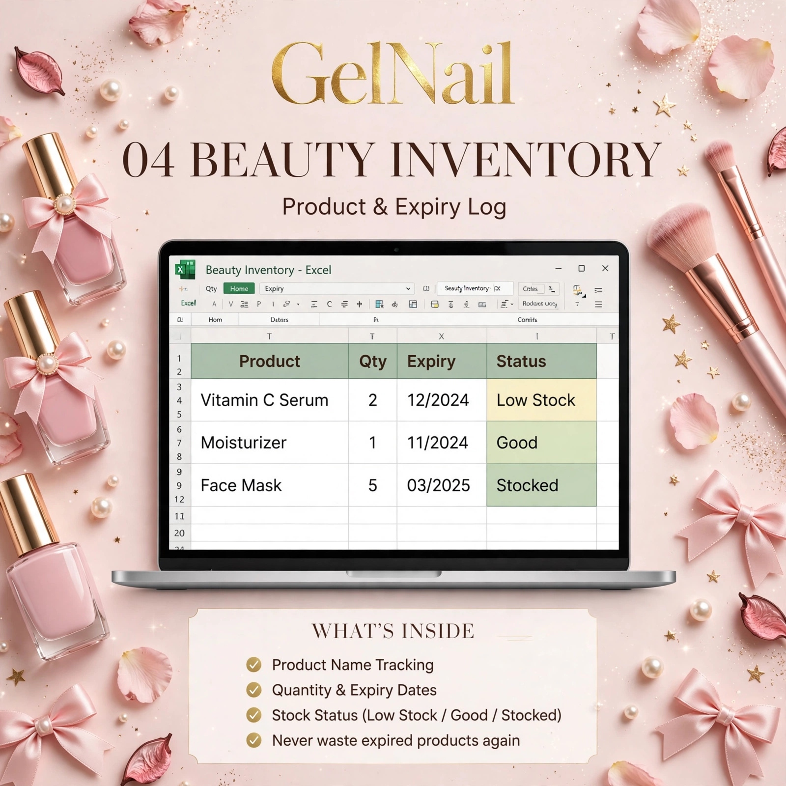 Beauty Inventory product and expiry log spreadsheet